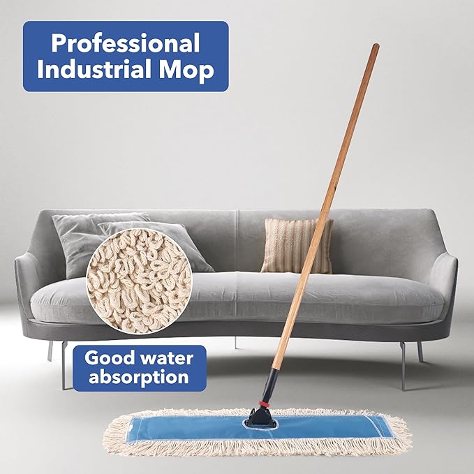 Matthew Cleaning 36'' Industrial Strength Cotton Dust Mop Refill Washable Replacement Heads for Residential & Commercial Use Fit Standard Dust Mop Frames, Hardwood, Concrete Floors Blue&White 6 Pack