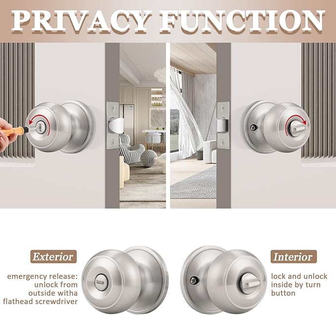 Probrico 5 Pack Round Privacy Door Knob(Thumb Turn Lock on The Inside), Keyless Doorknobs Interior/Exterior Lockset,Privacy Knobs for Bedroom/Bathroom,Satin Nickel Modern Design Door Hardware