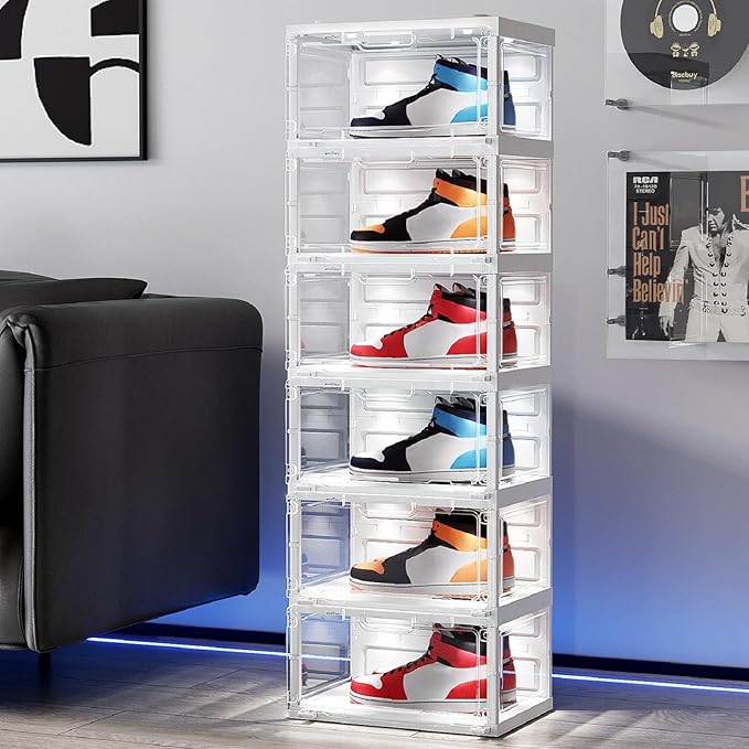 BROVIEW Led Shoe Boxes, Shoe Display Case with Lights, Large Clear Plastic Foldable Shoe Storage Box, Voice Activated Led Shoe Organizer Sneaker Case, Collection Crate, 1 Row 6 Tier White