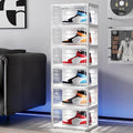 BROVIEW Led Shoe Boxes, Shoe Display Case with Lights, Large Clear Plastic Foldable Shoe Storage Box, Voice Activated Led Shoe Organizer Sneaker Case, Collection Crate, 1 Row 6 Tier White