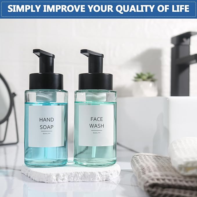 Foaming Soap Dispenser, 10 oz/300ml Foaming Hand Soap Dispenser, 3 Pack Glass Foaming Soap Dispenser for Bathroom & Kitchen, Clear Refillable Foam Soap Dispenser Bottle with Waterproof Labels
