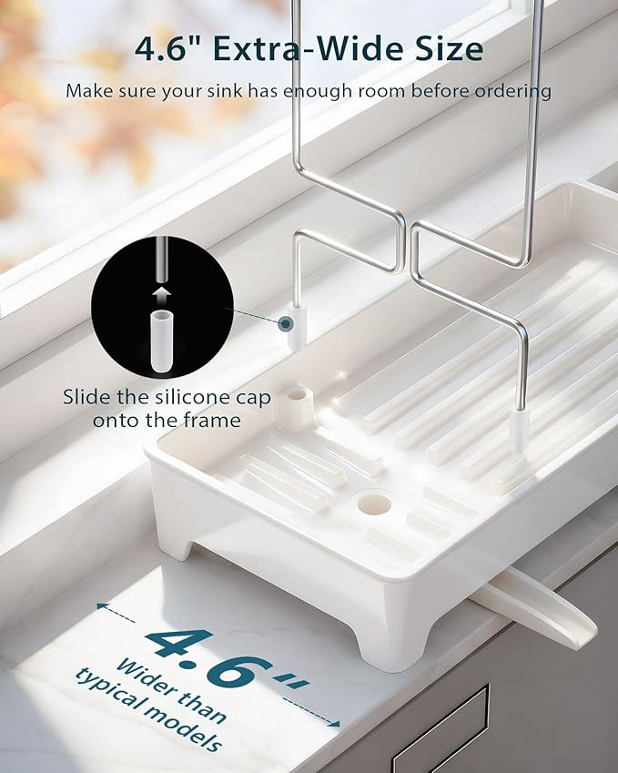 Minimalist Sink Caddy, Rustproof Sponge Holder for Kitchen Sink with 304 Stainless-Steel Brush Holder, Countertop Rack Organizer with Raised Ridges & Silicone Drain Tube (Cream White)