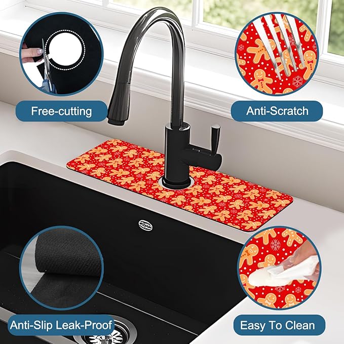 Christmas Merry Xmas Kitchen Sink Splash Guard Faucet Mat Santa Claus Super Absorbent Fast Drying Mat Sink Splash Guard Behind Faucet for Kitchen Bathroom, 15.5"x5.5"