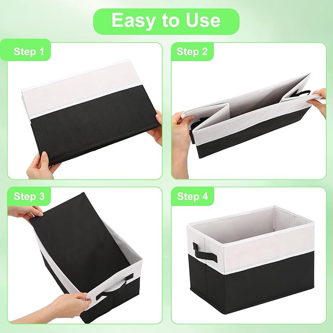 Large Shelf Storage Bins [4 Pack],Decorative Collapsible Storage Basket,Fabric Closet Organizer and Home Storage Cubes with Handles for Organizing Books, Clothes, Toys, Nursery（Black）