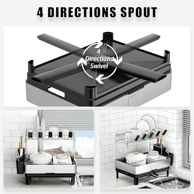 Dish Drying Rack, 2 Tier Large Dish Rack, Stainless Steel Dish Drainer for Kitchen Counter, Dishes Rack with Automatic Drainage, Utensil Holder,Cups Holder,Space Saving Kitchen Organizer,Black