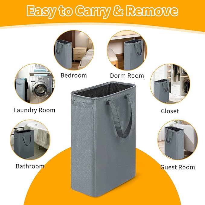 Slim Laundry Hamper, 48L Ultra Thin Collapsible Laundry Basket with Handles, Foldable Basket Laundry Bag Dirty Clothes Hamper for Bathroom Bedroom(Gray)