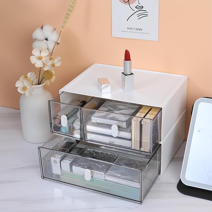 Desktop Storage Drawers, Plastic Desk Organizer with 1 Large Drawer, Modular Stackable Toolbox Units for Office Stationary, Makeup Container, Bathroom Countertop (1 Tall Layer, White & Clear)