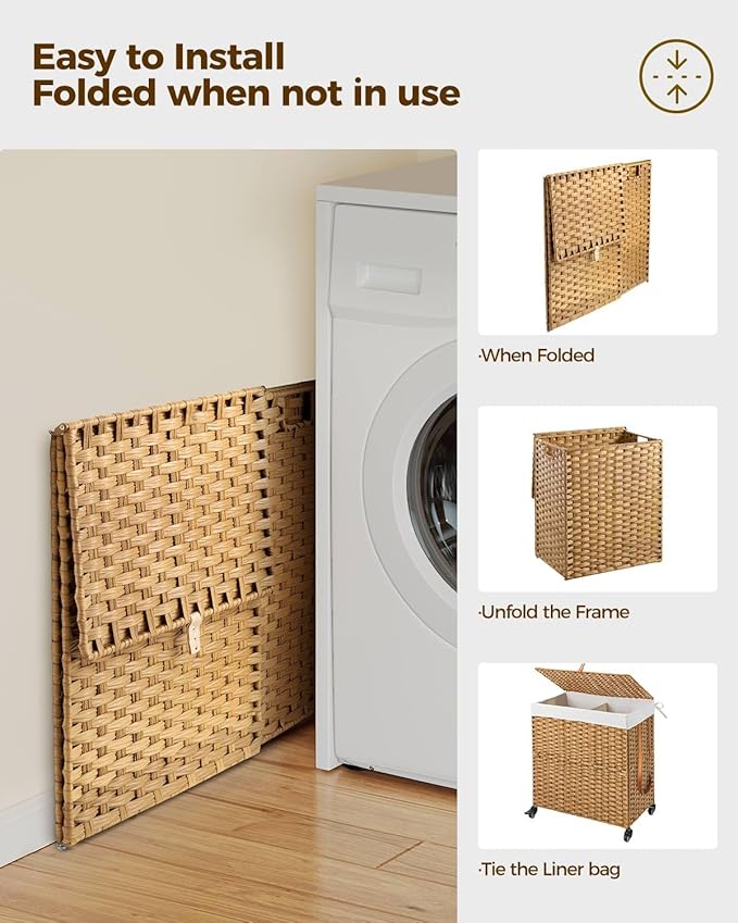 Greenstell Laundry Hamper with Wheels, No Install Needed, 110L Divided Handwoven Hampers & 2 Removable Liner Bags, Synthetic Rattan Clothes Laundry Basket with Lid & Handles, Foldable Hampers Natural