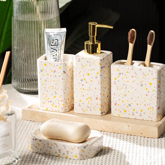 4 Piece Bathroom Accessories Set - Modern Terrazzo Pattern Includes Lotion Dispenser, Toothbrush Holder Tumbler, and Soap Dish - Glossy Finish