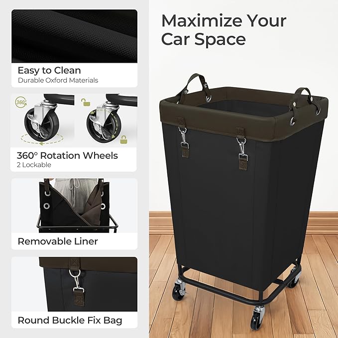 160L Laundry Hamper Sorter Extra Large, Heavy-Duty Laundry Basket with Wheels, Rolling Cart with Removable Bags, Laundry Cart for Hotel and Home, Black, 1-Section