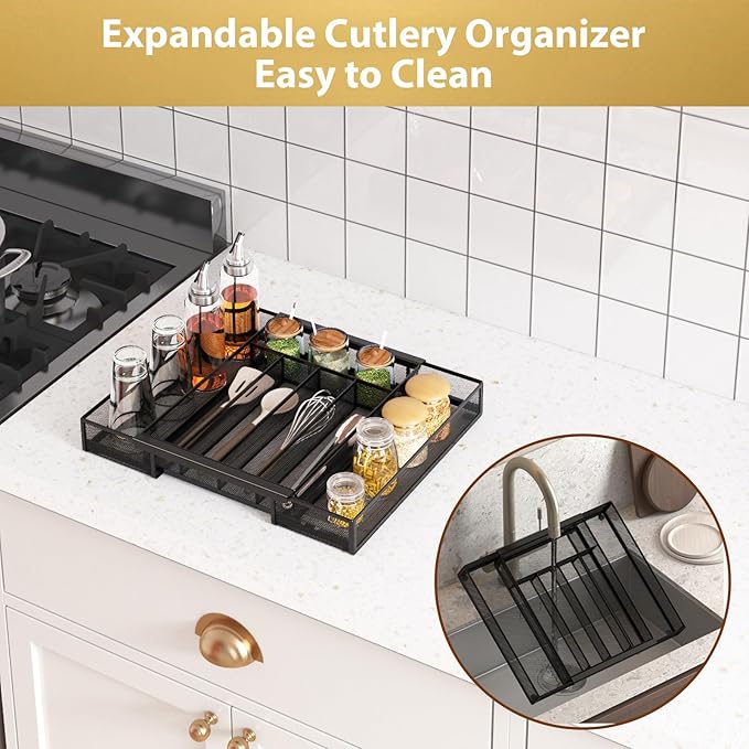 Silverware Organizer Metal Mesh, Drawer Organizer, Utensil Cutlery Tray for kitchen drawers,Expandable Flatware Organizer with 7 Compartment Black 9.6"~16.1" x 13.8"