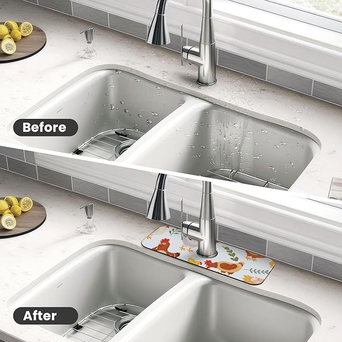 Faucet Draining Mat For Kitchen Sink, Cute Rooster Diatom Mud Absorbent Drain Pad For Bathroom Kitchen Sink Splash Guard Drying Mat