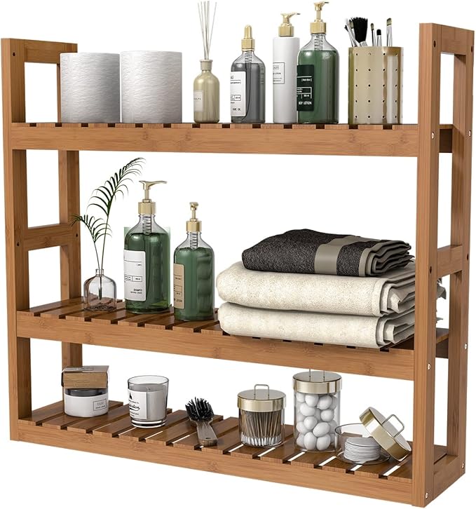 Domax Bamboo Bathroom Shelf 3-Tier Wall Mount Storage Rack Multifunctional Adjustable Layer Free Standing Over Toilet Utility Shelves Living Room Kitchen (Walnut)