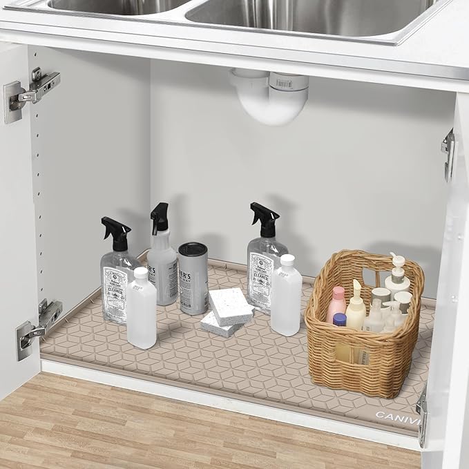 Under Sink Mat, 31" x 22" Waterproof Silicone Under Sink Tray for Kitchen & Laundry Cabinets, Kitchen Cabinet Shelf Protector, Up to 3.2 Gallons Liquid, Fits 36 inch Standard Cabinet(Apricot)