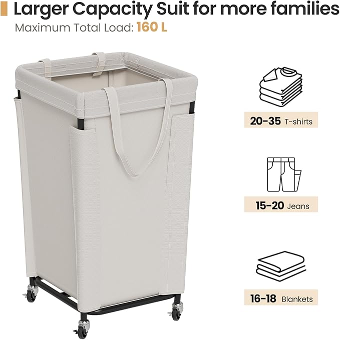 Laundry Basket with Wheels, Laundry Hamper with Removable Bag and Steel Frame, 160L Rolling Dirty Clothes Basket for Bedroom, Bathroom, Laundry Room (Beige)