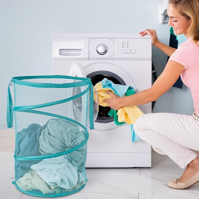Mesh Popup Laundry Hamper 115L Collapsible Laundry Basket No Lid Extra Large Capacity Foldable Clothing Storage Basket with Handles 26 H x 18 W x 18 L (Turquoise Blue)