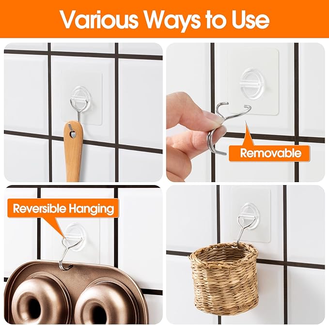 Adhesive Wall Hooks for Hanging Heavy Duty 33lb(Max), Waterproof and Rustproof Transparent Self Adhesive Hooks for Bathroom Kitchen Outdoor and Home Improvement -24 Pack