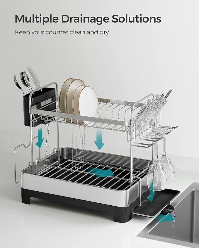 SONGMICS Dish Drying Rack - 2 Tier Dish Rack for Kitchen Counter with Rotatable and Extendable Drain Spout, Dish Drainer with Utensil, Cup, Glass, Cutting Board Holders, Black UKCS032B01