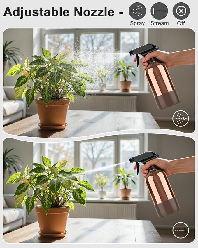 Amber Glass Spray Bottle with Silicone Sleeve Protection, 16 oz Refillable Spray Bottle for Cleaning Solutions, Plants, Aromatherapy, Facial Hydration (Brown Sleeve(Amber Bottle)