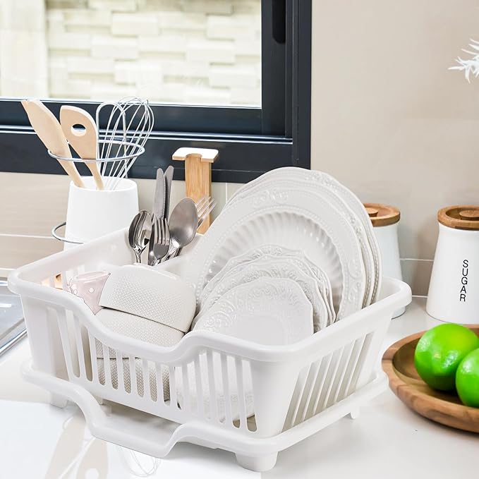 2-Piece Plastic Dish Drying Rack, Heavy Duty Sink Set Dish Rack, White Large Drainer with Attached Drainboard Utensil Cup Holders for Home Kitchen Counter Top Organizers