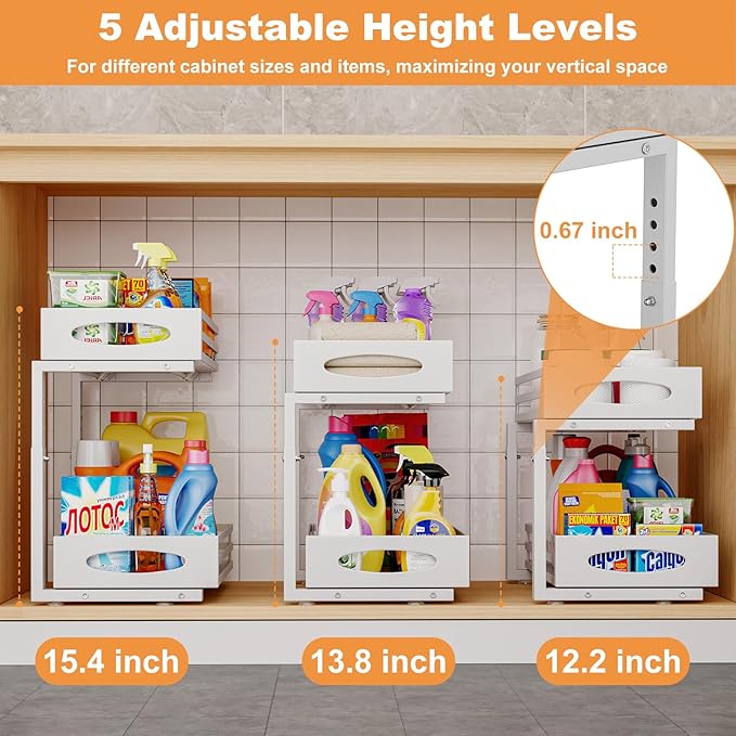 Under Sink Organizer, 2 Tier Under Sink Organizers and Storage, Adjustable Height, Slide out Metal Cabinet Organizers, Pull out Cabinet Storage Drawer Shelf for Kitchen Bathroom White 2Pack