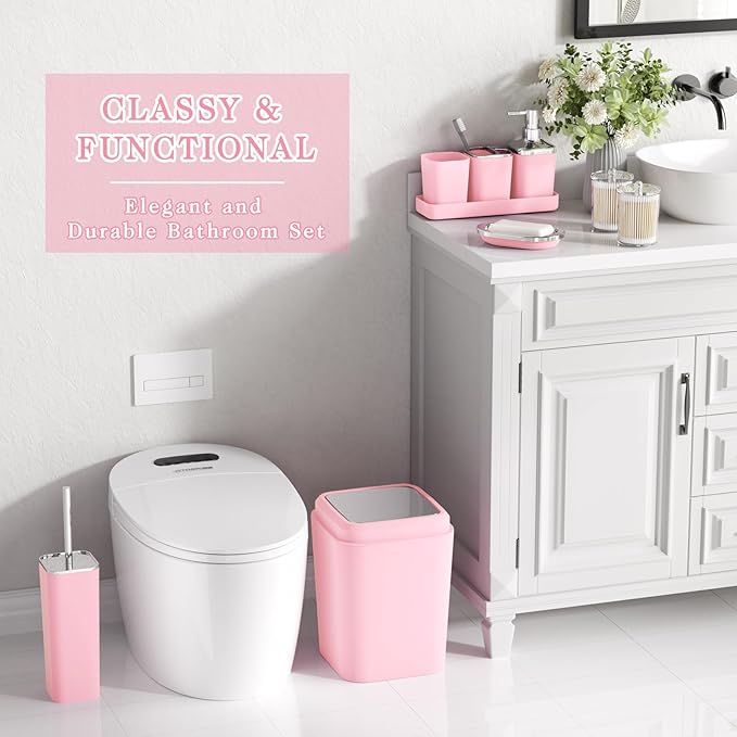 Pink Bathroom Accessory Set, Plastic Bathroom Set with Tray, Soap Dispenser, Toothbrush Holder, Toothbrush Cup, Soap Dish, Toilet Brush, Trash Can and Q-tip Holders for Bathroom/Housewarming