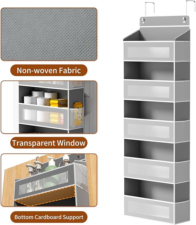 AQOOA Over The Door Organizer Storage, Hanging Door Organizer with 5 Large Capacity Pockets (Grey)