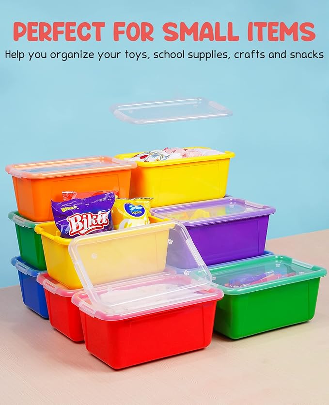 GAMENOTE 6 Quart Storage Bins with Lids-12 Pack Rainbow Plastic Latching Box for Classroom&Kids Toy Storage Opaque Stackable Shoe Box Size Containers for STEM Morning Tubs, Crafts & Building Blocks