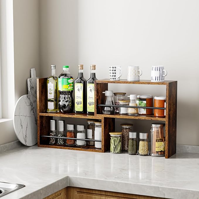 Expandable Cabinet Organizer Shelf, Set of 2 Kitchen Counter Shelves for Countertop Organization Spice Rack Kitchen Storage Stackable