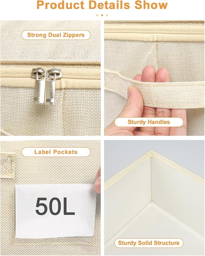 punemi Underbed wedding dress storage box, 2 Pack Clothing Storage Bags W/Upgraded Handles, Large Capacity Underbed Shoe Container Organizer for Blanket, Pillows, Comforters & Quilts, Beige