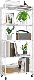 5 Tier Foldable Metal Storage Shelf with Wheels, 500 LBS Heavy Duty Collapsible Wire Shelving Unit, Rolling Utility Rack Cube Bookshelf for Kitchen Pantry Office Garage, 64" x 13" x 27" White