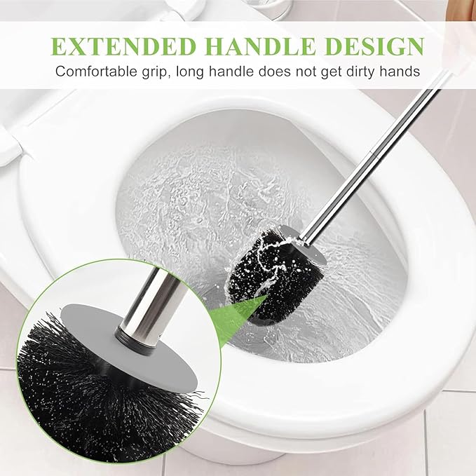 Toilet Brush and Holder Set, 3 Pack with Stainless Steel Handle Toilet Bowl Brush, Compact Toilet Scrubber Brush for Deep Cleaning Bathroom Restroom, Easy to Assemble White & Gray
