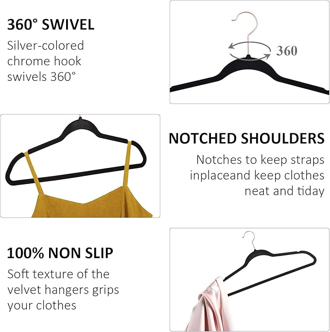 VECELO Premium Velvet Clothes Hangers Suit Heavy Duty (60 Pack)-Non Slip & Space-Saving with 8 Finger Clips & Tie Rack Excellent for Men and Women,Black