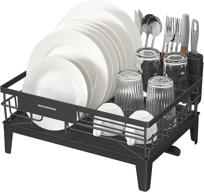 SONGMICS Dish Drying Rack, Kitchen Dish Rack, with Drainboard, 360° Rotatable and Extendable Spout, with Cutlery Holder, 12.2 x 16.5 x 7.3 Inches, Ink Black UKCS550B01