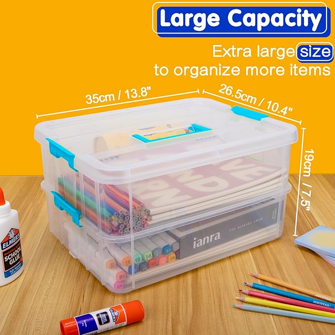 2 Layer Plastic Storage Containers with Lids, Multipurpose Clear Stack & Carry Box, Portable Craft Organizers and Storage Bin for Organizing Art & Craft, Sewing, Makeup, Nail Supplies (Blue)