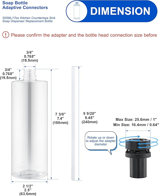 Updated Soap Dispenser Bottle for Kitchen Sink Replacement - 500ML/17oz Soap Bottle - A Replacement for Your Soap Dispenser, Please Confirm the Adapter Maximum Connection Size Before