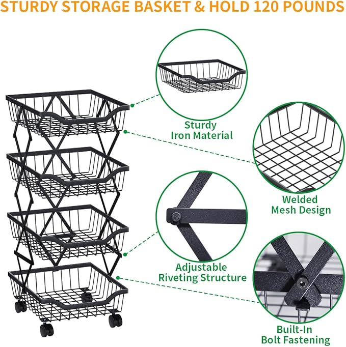 Fruit Basket for Kitchen 4 Tier Stackable Fruit Vegetable Storage Baskets with Wheels Metal Wire Storage Basket Organizer Cart for Kitchen Livingroom Diningroom Office, Black