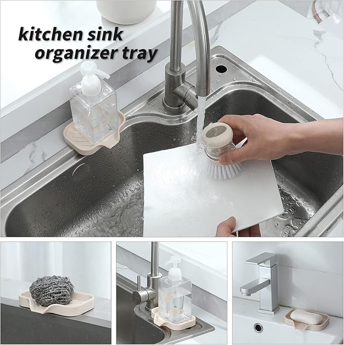 MicoYang Silicone Bathroom Soap Dishes with Drain Spout-Bathroom and Kitchen Sink Organizer,Sponge Holder,Dish Soap Tray,Perfect for Dispenser,Scrubber,Bottle,Cup on Sink or Counter-Tapioca 4.9"×3.2"