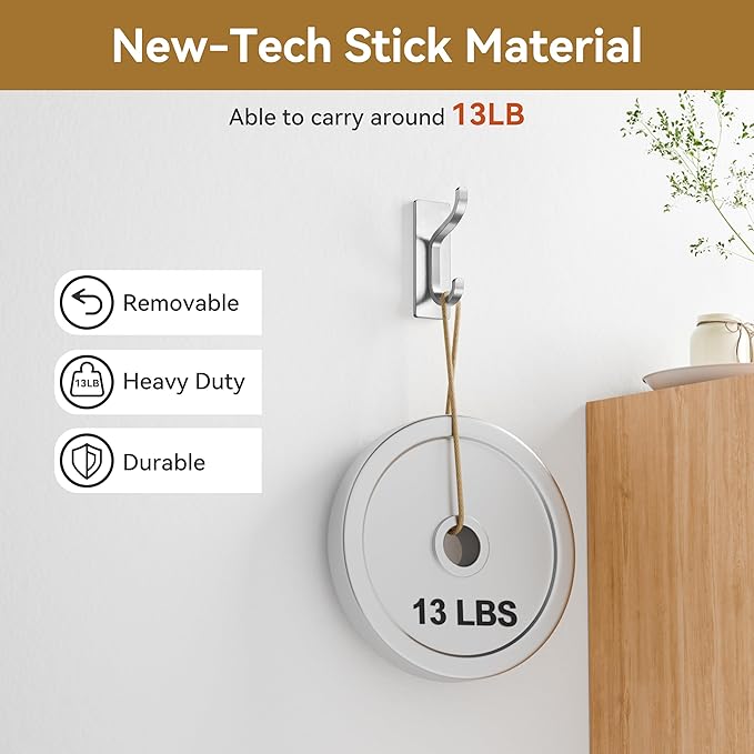 pickpiff Adhesive Wall Coat Hooks - Heavy Duty Stick-On Door Hanger, Metal Hook for Hanging Towel,Purse, Robe, Backpack, Jacket, Clothes - for Bathroom,Dorm, Closet, Kitchen - Brushed Silver, 10 Pack