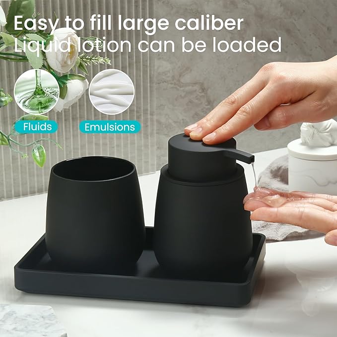 Black Bathroom Accessories Set, Modern 3 Pcs Bathroom Essentials - Soap Dispenser, Toothbrush Holder & Tray, Countertop Vanity Organizer (Black)