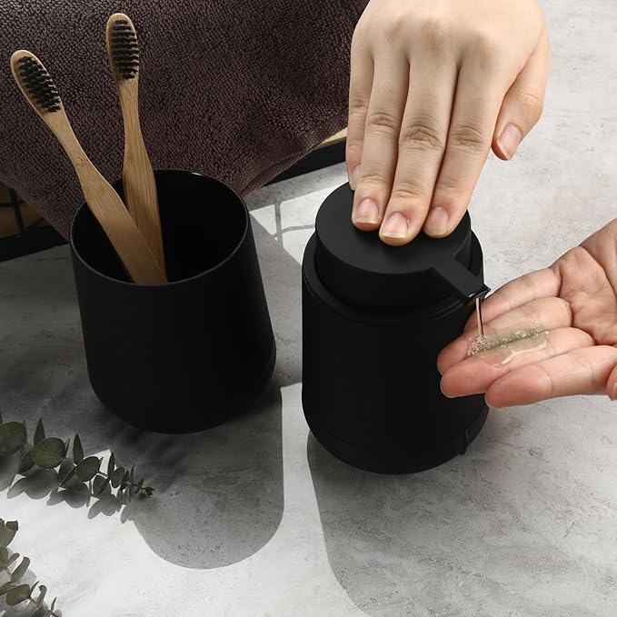 Black Bathroom Countertop Accessories Set - Soap Dispenser and Toothbrush Holder with Silicone Boot,Vanity Tray (Black Liquid)