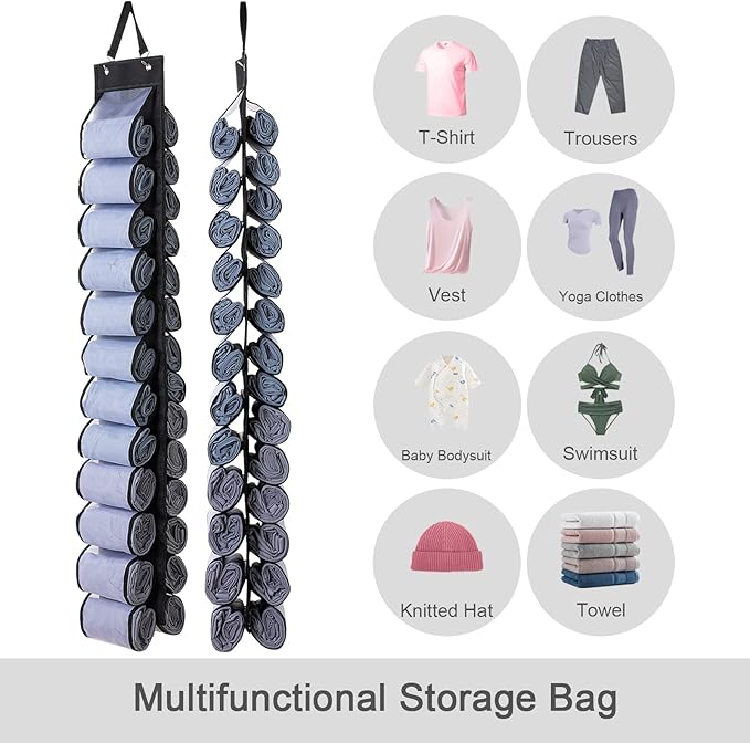 Legging Organizer Storage - 2PCS T Shirt Organizer, Hanging Closet Organizers and Storage with 26 Roll Independent Compartments for Yoga Pants, Towel, Bathing Suit (Black)