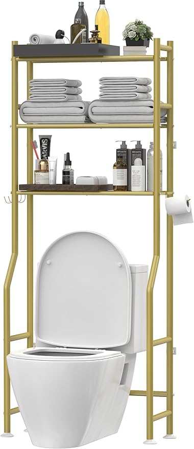 3-Tier Over The Toilet Storage, Freestanding Metal Bathroom Shelves with 4 Hooks, Over Toilet Storage Shelf with Paper Holder, Above The Toilet Shelf for Bathroom Storage, Gold