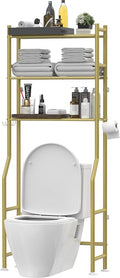 3-Tier Over The Toilet Storage, Freestanding Metal Bathroom Shelves with 4 Hooks, Over Toilet Storage Shelf with Paper Holder, Above The Toilet Shelf for Bathroom Storage, Gold