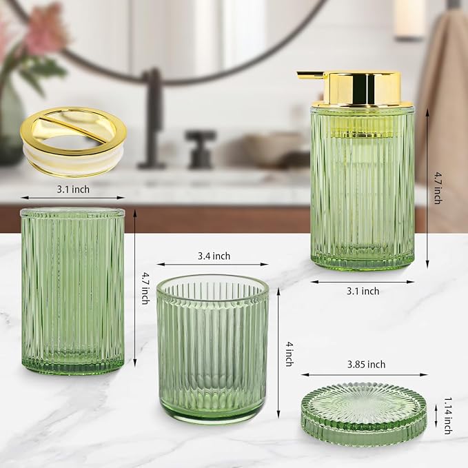 Green Glass Bathroom Accessories, 4 Pcs Bathroom Sets Complete, Foaming Soap Dispenser,Toothbrush Holder and Qtip Holder Set,Modern Ribbed Vanity Countertop Organizer for Decor
