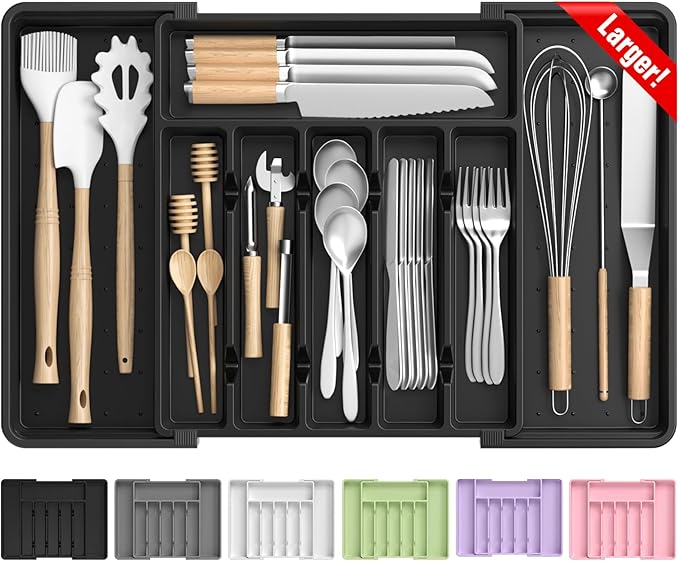 Large Silverware Organizer,Expandable Utensil Drawer Organizer,BPA Free Utensil Holder,Adjustable Silverware Tray Cutlery Drawer Organizer for Kitchen Flatware,Large,Black (6-8 Slots)