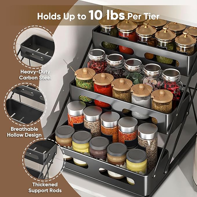 VUSIGN Pull Out Spice Rack Organizer for Pantry, 3 Tier Spice Organizer for Cabinet, Height Adjustable Spice Racks, Heavy Duty Vertical Spice Shelf for Seasoning Organizer for Kitchen
