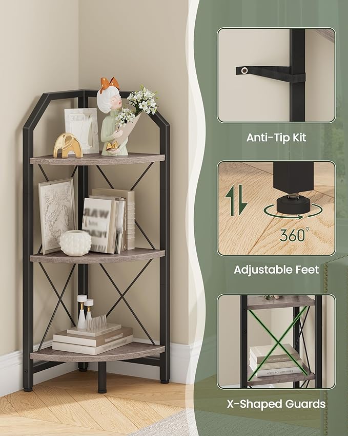 3-Tier Corner Shelf, Industrial Corner Bookshelf, 35.4" Storage Stand, Plant Stand Display Shelf, Bookcase for Bedroom, Living Room, Home Office, Greige and Black TCJ03BG
