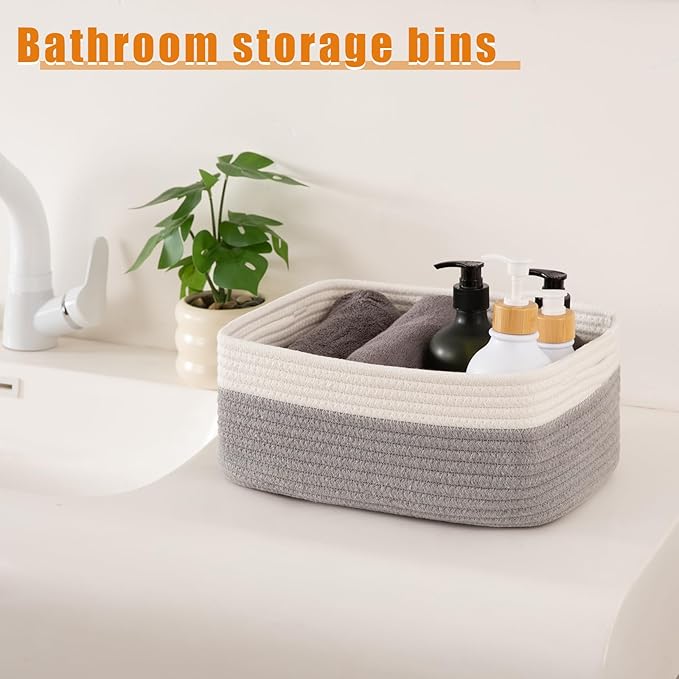 OIAHOMY 4 Pack Storage Baskets for Organizing, Small Bins for Shelves, Cute Decorative Storage Bins, Organizer Baskets for Gifts Empty, 14.2''Lx11''Wx6.3'H, Grey/White