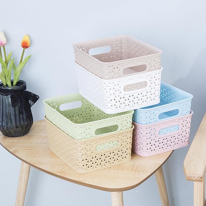 5PCS Plastic Storage Baskets, Small Baskets for Organizing, Small Pantry Organizer Basket Bins. For Countertops, Cabinets, Bedrooms, and Bathrooms Wait (Pink/Yellow/Blue/Beige/Green)